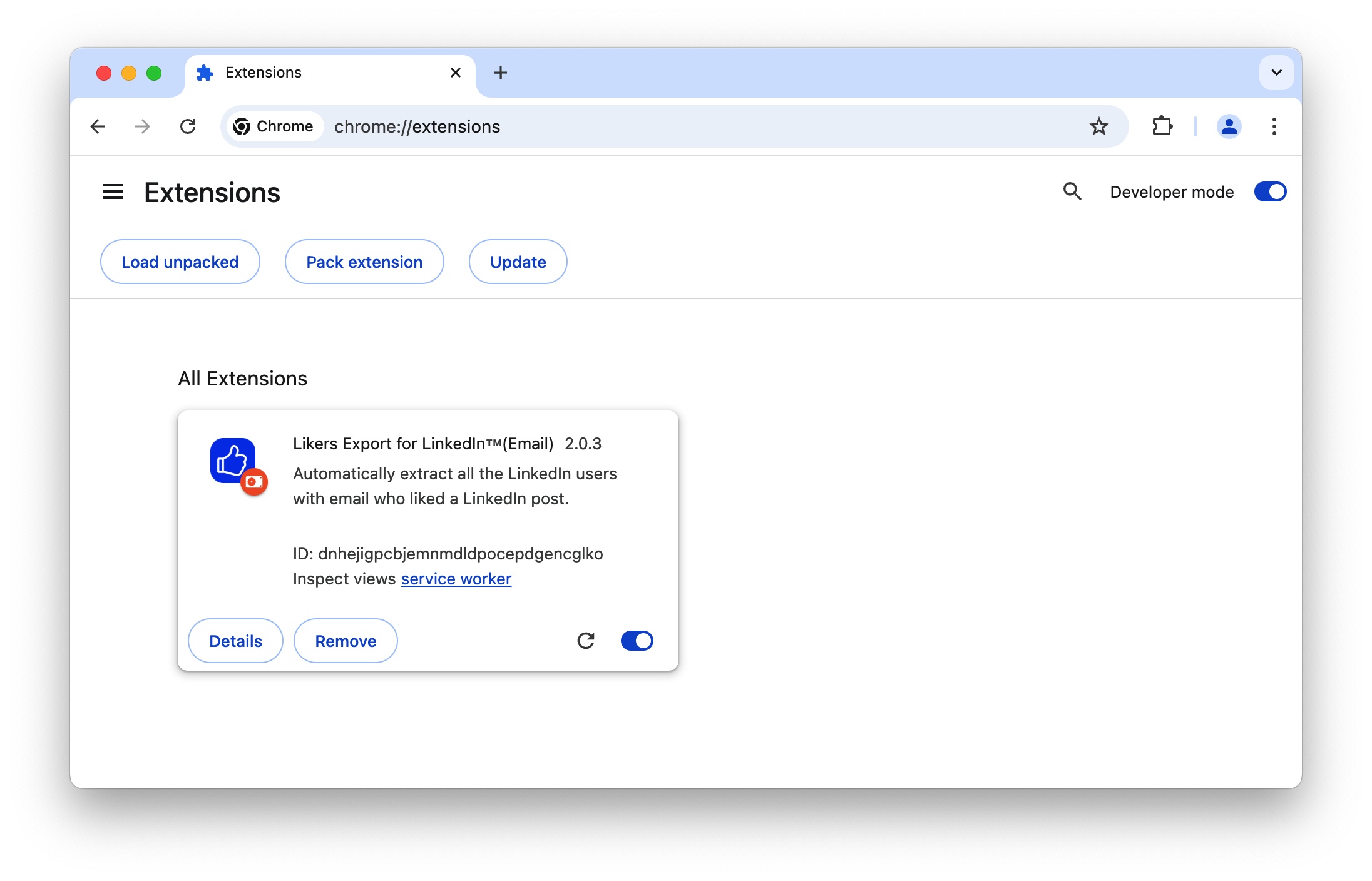 LinkedIn Likers Exporter chrome extension install done