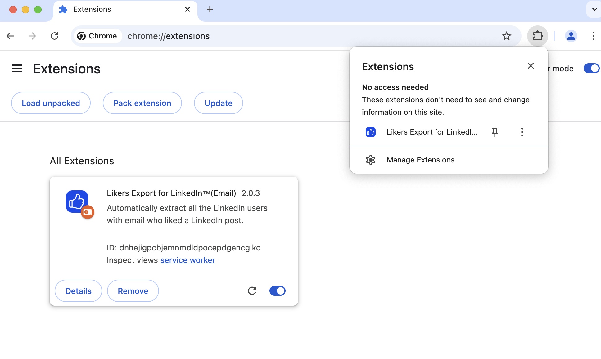LinkedIn Likers Exporter chrome extension install pin